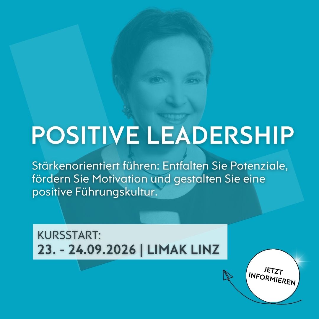 Ankündigung des 2-Tages-Trainings am 23.-24.09.2026 in Linz zu Positive Leadership mit dem Foto der Trainerin Gabriele Sauberer